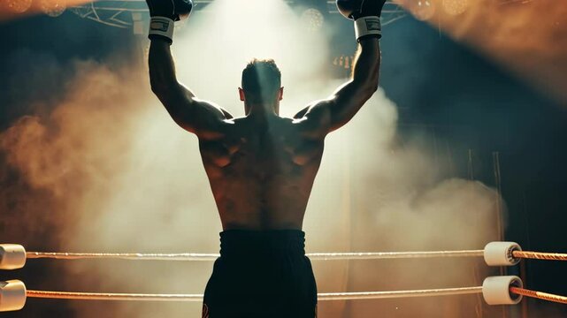 Strong male boxer raising hands in victory pose inside boxing ring under dramatic lights and smoke. Concept of sports triumph, strength, professional success, championship victory, winner