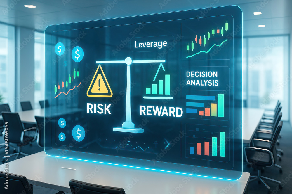 Poster risk and reward balance concept with leverage and decision analysis charts displayed on futuristic t