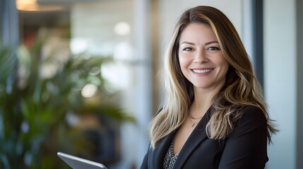 Smiling woman in black suit with long wavy hair indoors holding a tablet
