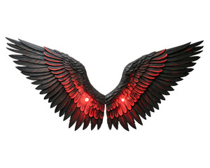 Naklejka premium Wings of a fallen angel icon, tattered feathers with glowing red and black contrasts. isolated on a transparent background