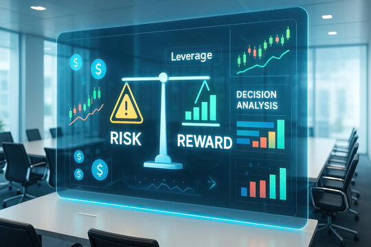 Risk and reward balance concept with leverage and decision analysis charts displayed on futuristic transparent screen in modern office meeting room