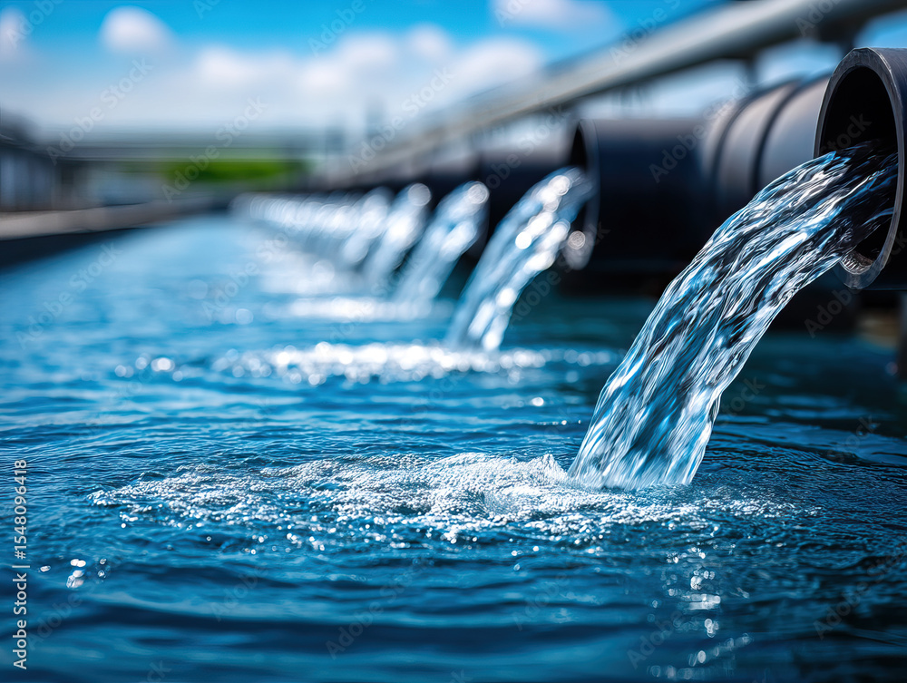 Poster clean water flowing through advanced smart pipeline system with multiple black pipes releasing fresh