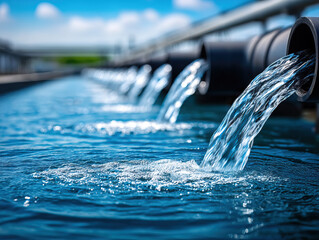 Clean water flowing through advanced smart pipeline system with multiple black pipes releasing fresh water into large reservoir under bright blue sky
