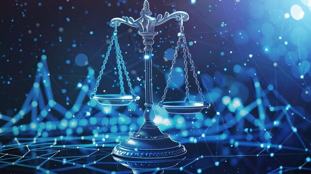 Balancing scales of justice symbolizing law, equality, and legal proceedings in a digital world