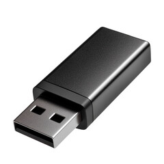 Black USB flash drive isolated on a transparent background. Standard rectangular memory stick with metal connector, angled view. Portable storage device used for data transfer and backup.