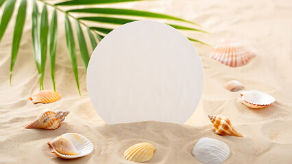Beach Scene with Seashells and Palm Leaves: Tropical Mockup on Sandy Background