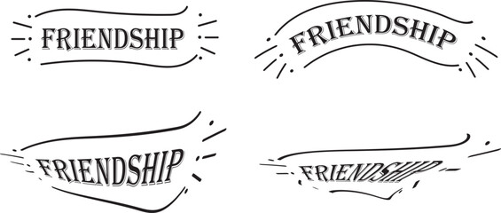 Four Friendship Word Art Designs in Black and White Banners with Celebration Sparkles