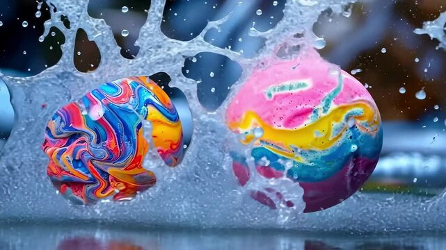 Colorful bath bombs splashing in water with vibrant swirls and bubbles. Concept of self care, relaxation product, spa cosmetics, fun bath experience