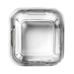 Square glass food container isolated on a transparent background. Transparent storage box with lid clips, top view. Used for storing meals, leftovers, ingredients, or lunch preparation.