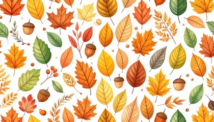 Seamless Autumn Leaf Pattern with Acorns and Berries in Warm Fall Colors
