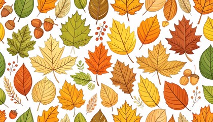 Seamless Autumn Leaf Pattern with Acorns and Berries in Warm Fall Colors