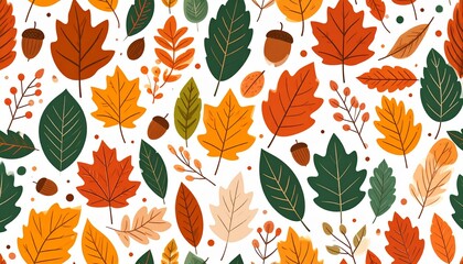 Seamless Autumn Leaf Pattern with Acorns and Berries in Warm Fall Colors