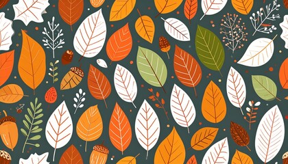 Seamless Autumn Leaf Pattern with Acorns and Berries in Warm Fall Colors