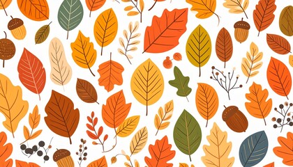 Seamless Autumn Leaf Pattern with Acorns and Berries in Warm Fall Colors