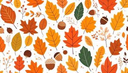 Seamless Autumn Leaf Pattern with Acorns and Berries in Warm Fall Colors