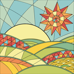 Vibrant Sunrise Landscape Design featuring Geometric Hills and a Starburst Sun