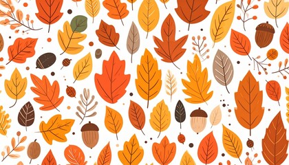 Seamless Autumn Leaf Pattern with Acorns and Berries in Warm Fall Colors