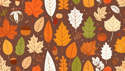 Seamless Autumn Leaf Pattern with Acorns and Berries in Warm Fall Colors