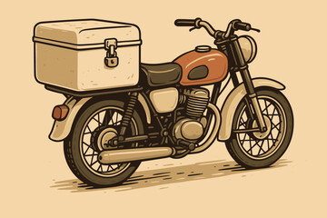 Fototapeta premium Vintage motorcycle with a rear storage box for delivery. Retro style motorbike illustration. Classic courier moped for fast transport and shipping. Vector cartoon on isolated background.