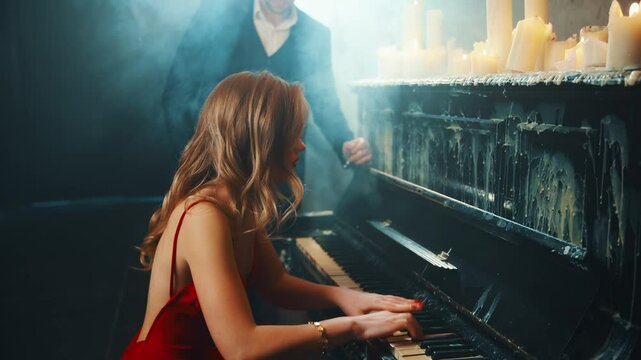 Two person sexy couple. Blonde woman plays the piano, hands press keys create melody male fan listens to music enjoy romantic date. Girl red dress bare sexy back. Guy Fashion model. dark night room 4k