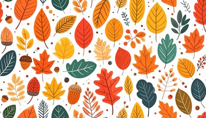 Seamless Autumn Leaf Pattern with Acorns and Berries in Warm Fall Colors