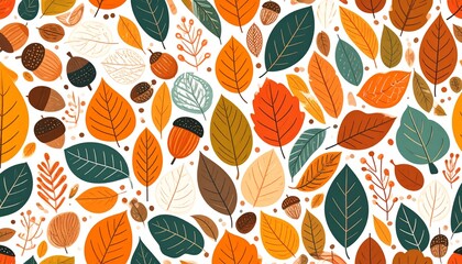 Seamless Autumn Leaf Pattern with Acorns and Berries in Warm Fall Colors