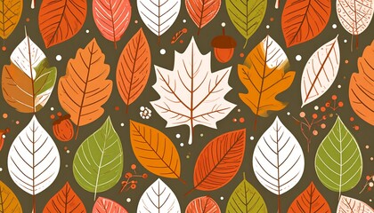 Seamless Autumn Leaf Pattern with Acorns and Berries in Warm Fall Colors