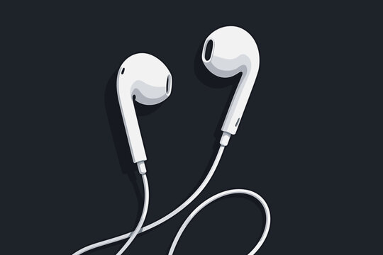 White wired earphones on a dark background. Minimalist vector illustration of a modern audio gadget. Concept for music, podcast, listening, and portable sound technology accessory.