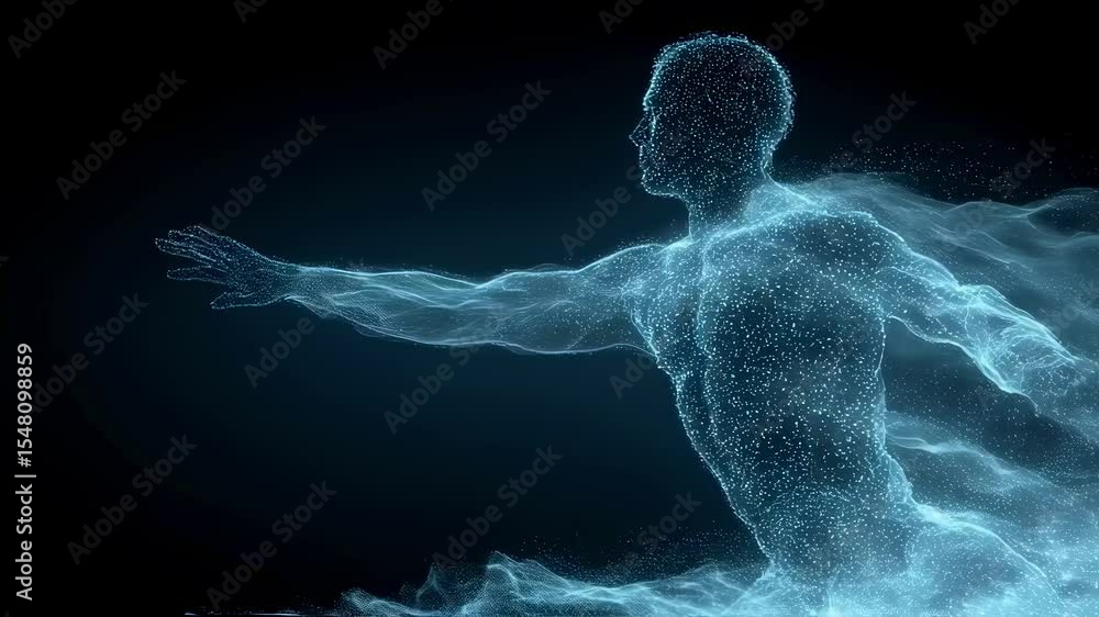 Poster luminous particles coalescing into human silhouette, extending single arm, representing dynamic ener