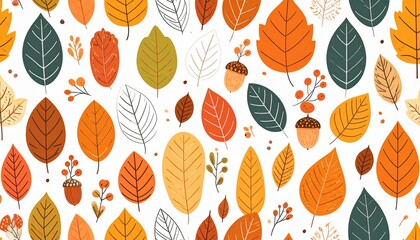 Seamless Autumn Leaf Pattern with Acorns and Berries in Warm Fall Colors