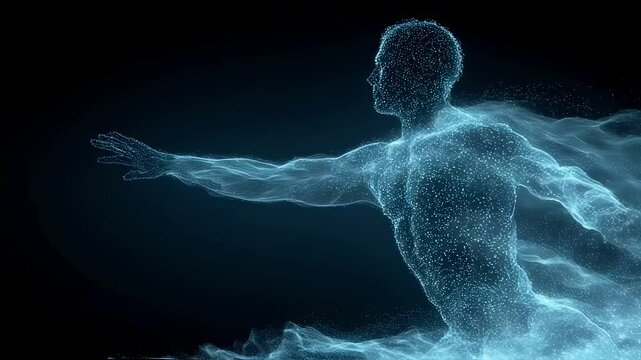 Luminous particles coalescing into human silhouette, extending single arm, representing dynamic energy transmission and holistic healing process within medical visualization framework