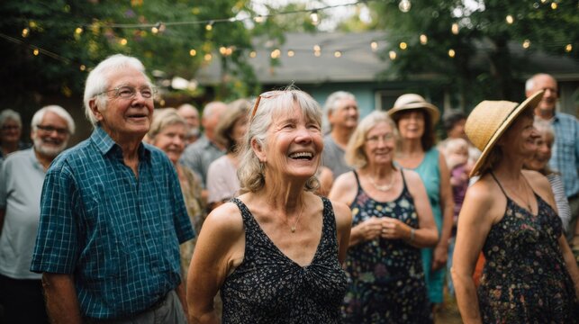 An outdoor backyard retirement celebration with older adults laughing, dancing, and sharing memories - Powered by Adobe