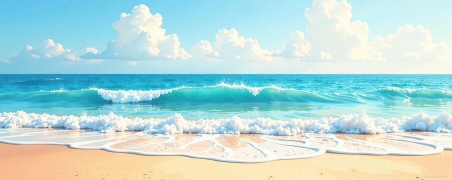 Soft watercolor wash depicting a sunny beach scene with gentle waves , digital, photo