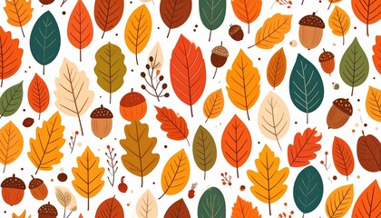 Seamless Autumn Leaf Pattern with Acorns and Berries in Warm Fall Colors