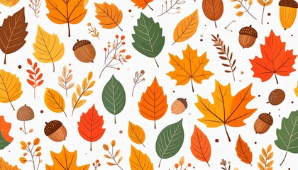 Seamless Autumn Leaf Pattern with Acorns and Berries in Warm Fall Colors