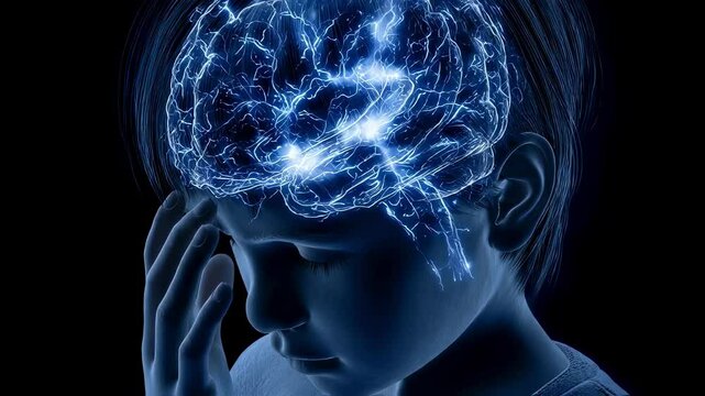 Neurological visualization depicting pediatric migraine with aura, revealing intricate brain activity, sensory changes, and complex neurological effects during migraine experience