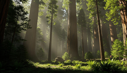 giant redwood forest with sunbeams