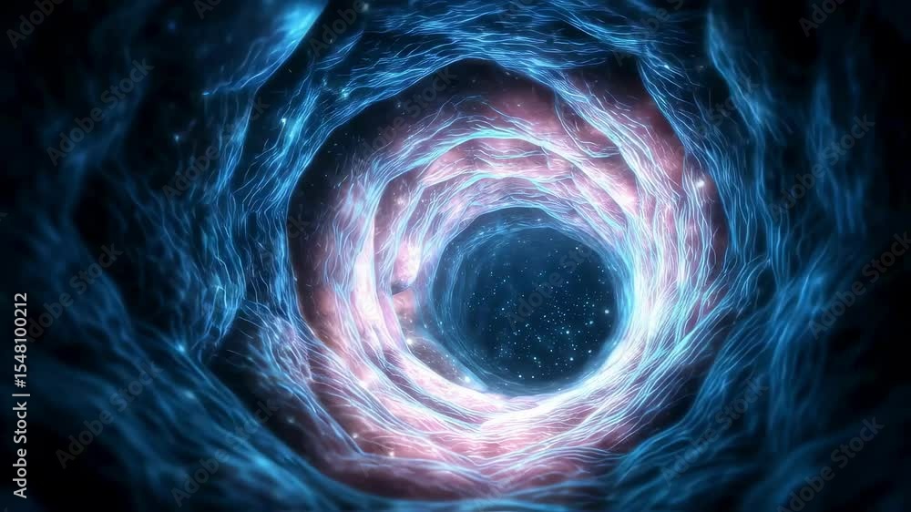 Poster light and energy are swirling around a tunnel in interstellar space, creating a mesmerizing spectacl