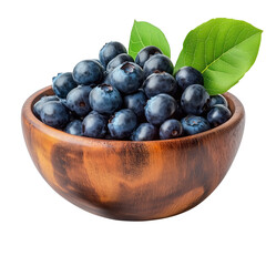 Blueberries with green leaves in a polished wooden bowl isolated on a transparent background. Fresh whole berries used for healthy food, desserts, breakfast, smoothies, or snack recipes.