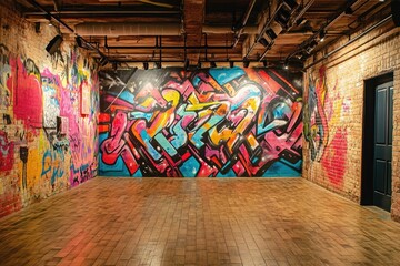 Fototapeta premium Colorful graffiti art fills a brick-walled space