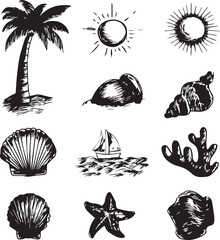 black and white Hand drawn summer vintage tree graphic icons 