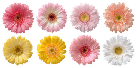 Colorful Collection of Gerbera Daisies with Pink, Yellow, and White Variations on a transparent Background Featuring Different Bloom Designs and Petal Shapes