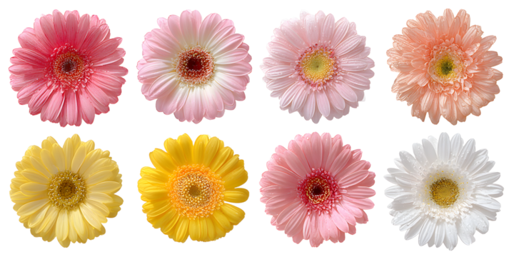 Colorful Collection of Gerbera Daisies with Pink, Yellow, and White Variations on a transparent Background Featuring Different Bloom Designs and Petal Shapes