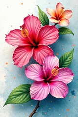 Vibrant hibiscus, orchids, plumeria in watercolor wash , template, painting