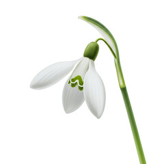 Single White Snowdrop Flower on Green Stem, Isolated on Transparent