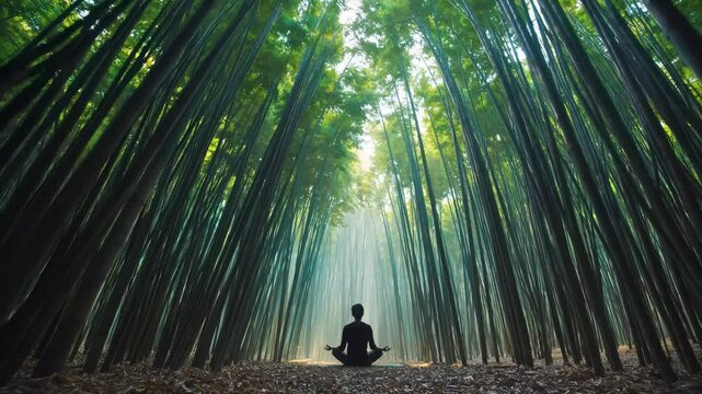 Silhouette man meditates in bamboo forest. Tall trees create peaceful space. Awareness breathing in green nature. Meditation in bamboo for calm balance. Nature focus. Relaxation and inner balance