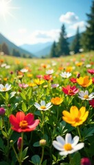 Obraz premium Vibrant wildflowers carpet sun-drenched field, outdoors, blooming, spring flowers