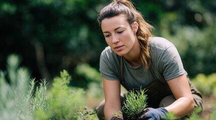 Young caucasian female gardener tending plants outdoors with focus and care.