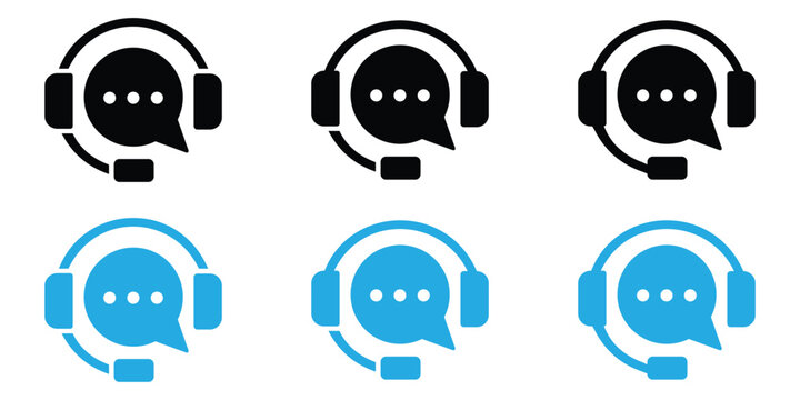 Customer Support and Live Chat Icons – Headset, Speech Bubble, and Call Center Symbols