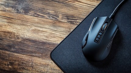 Dark gray computer mouse on wooden desk